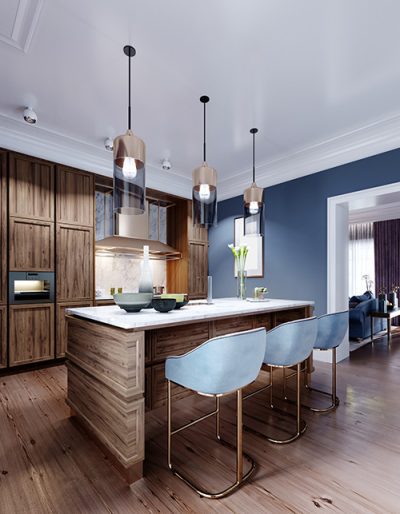 Fashionable designer kitchen with an island with a marble working surface, a kitchen in blue and brown colors, wooden furniture. 3D rendering.